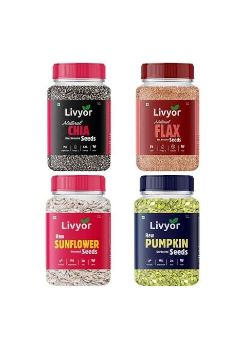 Livyor Raw Seeds Combo For Eating 200G Each | Chia Pumpkin Flax Sunflower Weight Management Healthy And Nutritious 800G Pack Of 4