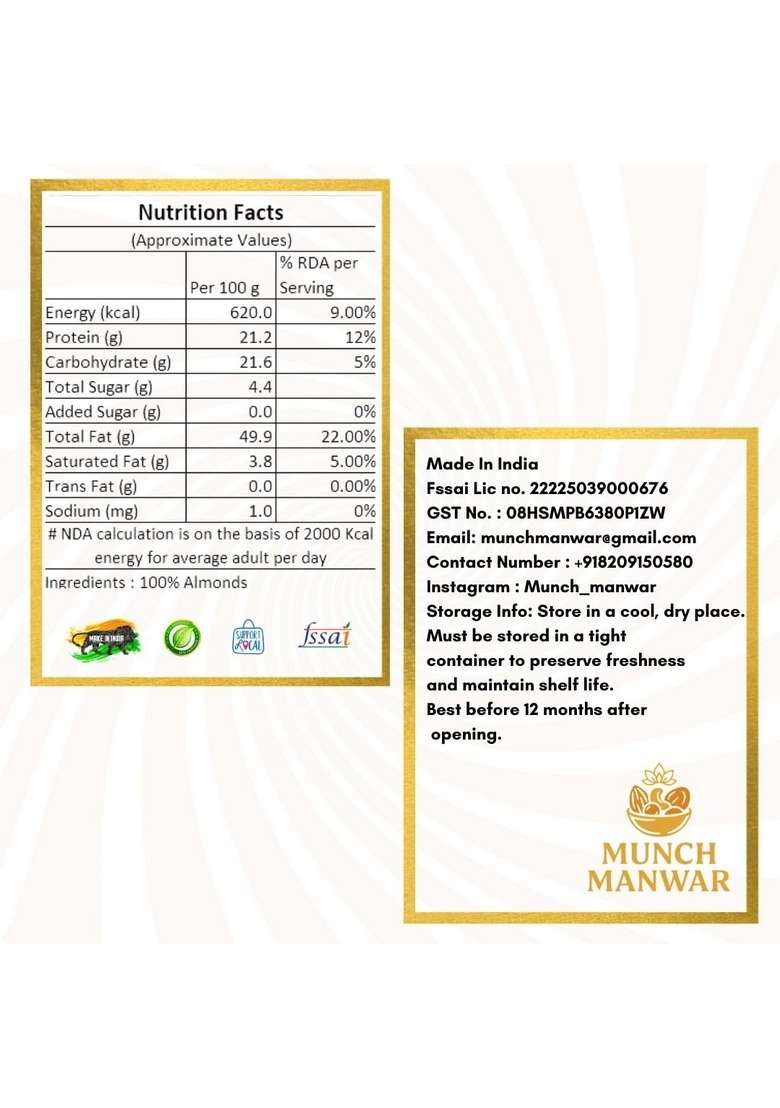 Munch Manwar Premium Whole Almonds Fresh Protein Rich Dry Fruits Crunchy Healthy Snacks 250 G - Indya