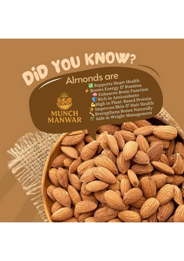 Munch Manwar Premium Whole Almonds Fresh Protein Rich Dry Fruits Crunchy Healthy Snacks 250 G - Indya