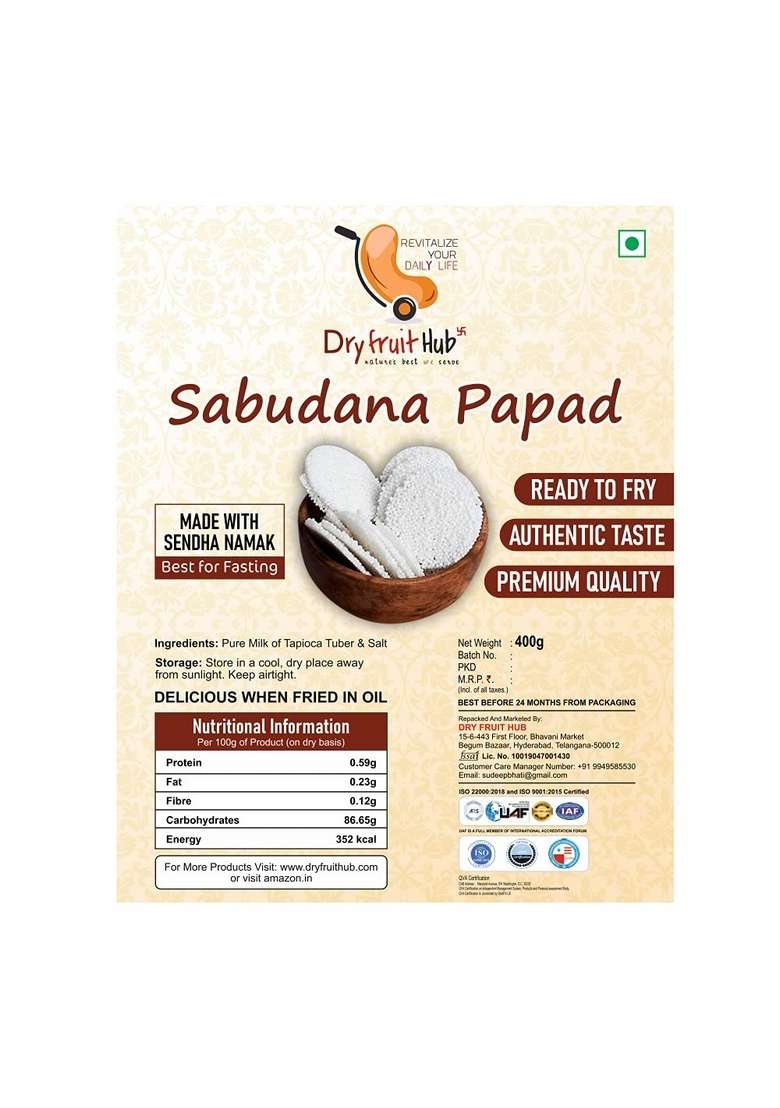 Dry Fruit Hub Sabudana Fresh Papad 400Gm Plain Upwas For Fasting Pack Of - Indya