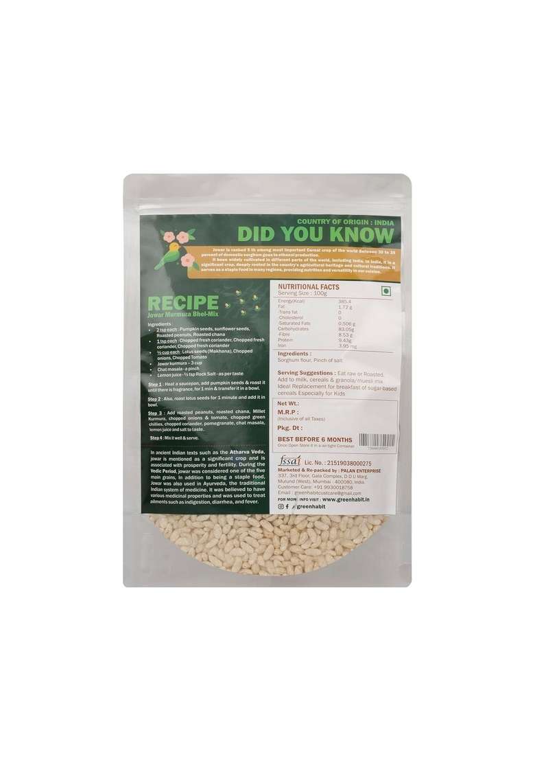 Greenhabit Jowar Kurmura Murmura Aka Puff For Healthy Breakfast Snack Food 400 Gm Pack Of 1 - Indya