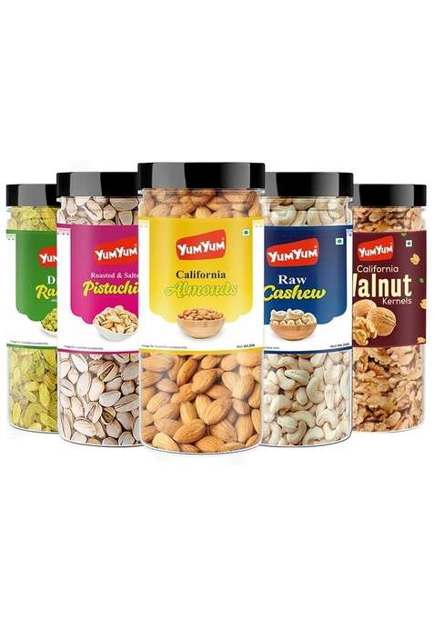 Yum Dry Fruits Combo Pack Of 5 250G Jar Each | Badam Kaju Pista Kishmish Akhrot 1 25 Kg Almonds Cashews Pistachios Raisins Walnuts
