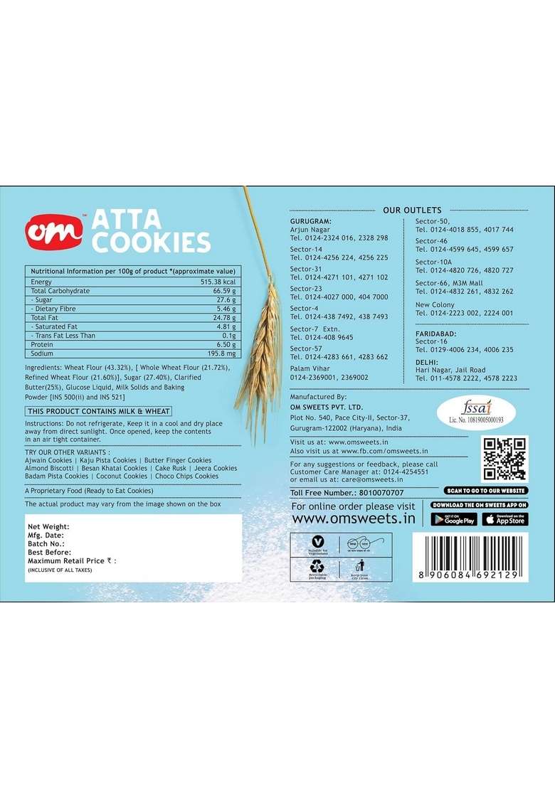 Om Sweets Snacks Atta Cookies Biscuit | Biscuits Combo Pack Healthy Nutritious And Delicious Tea Time No Preservatives Artificial Flavors Ready To Eat Finest Snack Of 2 X 350G - Indya