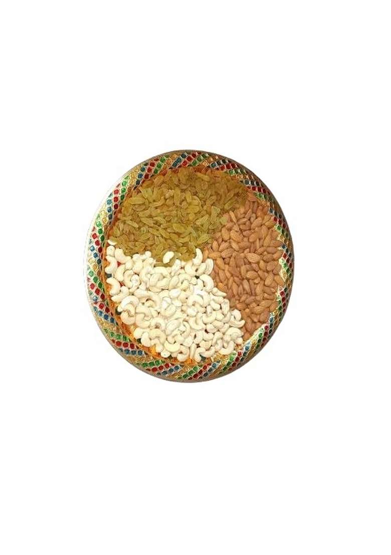 Koogly Kismish Kaju Badam Big Peacock Printed Thali 600 Grams Net Material Ideal For Gifting Diwali Dryfruit Gift Box Combo Dry Fruits 600G - Indya