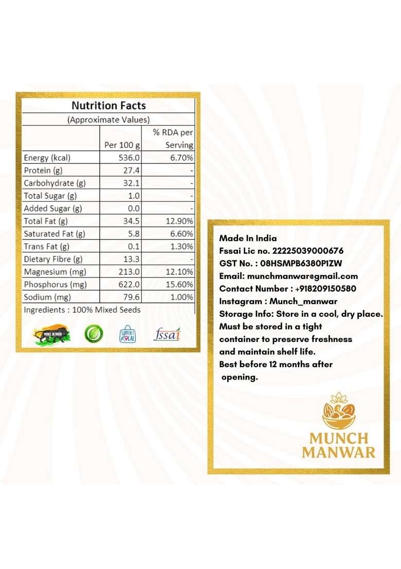 Munch Manwar Premium 7 In 1 Mixed Seeds Superfood Blend Sunflower Pumpkin Flax Chia High Protein Gluten Free Snack For Weight Management Smoothies 250 G - Indya
