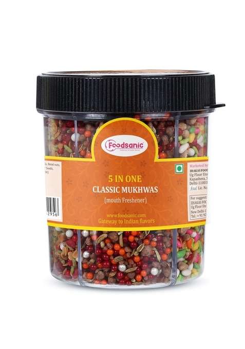 Foodsanic 5 In 1 Classic Mukhwas 300G | Mix Of Dry Dates Fennel Rock Sugar Silver Balls Coconut Flakes Traditional After Meal Mouth Freshener Blend