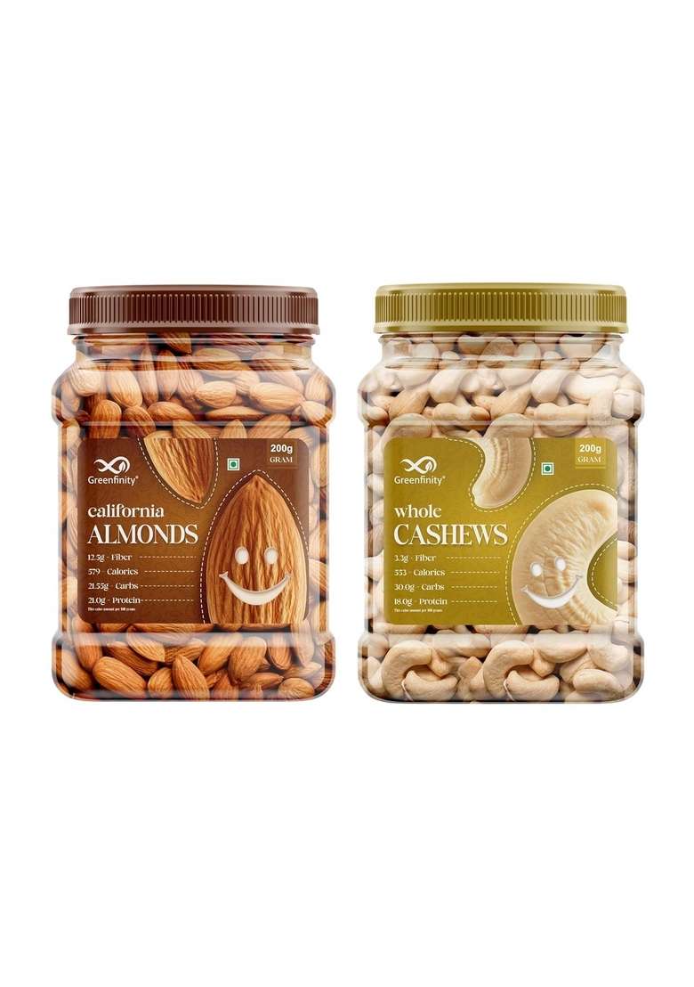 Greenfinity Almonds Cashews 200G Each Premium Jar – 100 Natural Healthy Snack Gourmet Dry Fruits Gift Pack - Indya