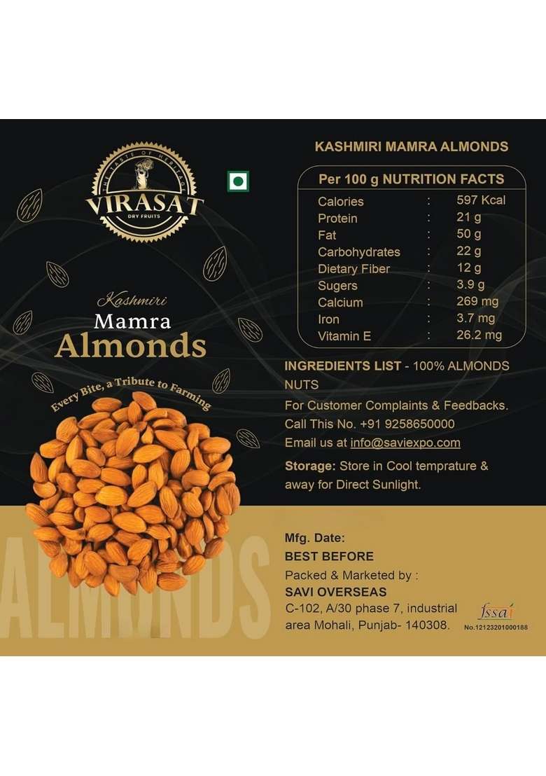 Virasat The Taste Of Heritage Premium Mamra Almonds 1Kg Kashmiri Badam Rich In Natural Oils Unpolished Unprocessed Gluten Free Vegan Eco Friendly Jute Bag Packaging - Indya