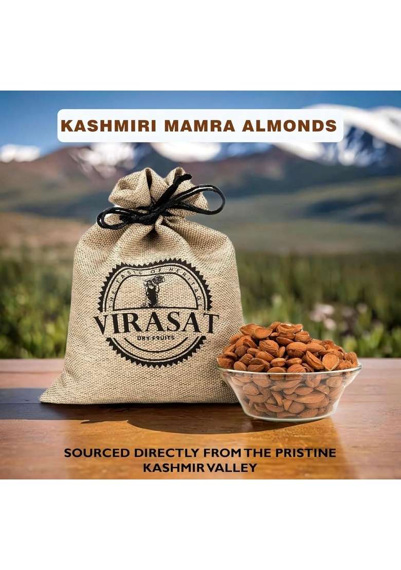 Virasat The Taste Of Heritage Premium Mamra Almonds 1Kg Kashmiri Badam Rich In Natural Oils Unpolished Unprocessed Gluten Free Vegan Eco Friendly Jute Bag Packaging - Indya