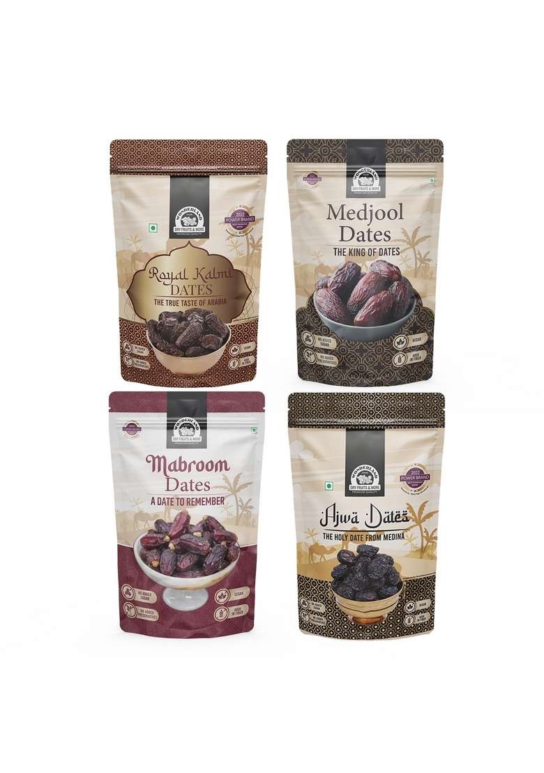 Wonderland Foods Device 800G 200G X 4 Premium Dates Combo Of Mabroom Kalmi Safawi Medjool Ajwa Pouch | Healthy Nutritious Soft Khajoor Khajur Rich In Iron Fibre Vitamins - Indya