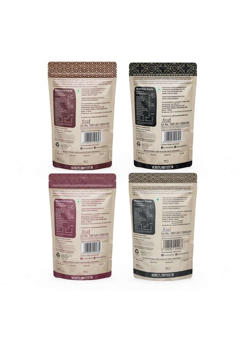 Wonderland Foods Device 800G 200G X 4 Premium Dates Combo Of Mabroom Kalmi Safawi Medjool Ajwa Pouch | Healthy Nutritious Soft Khajoor Khajur Rich In Iron Fibre Vitamins - Indya