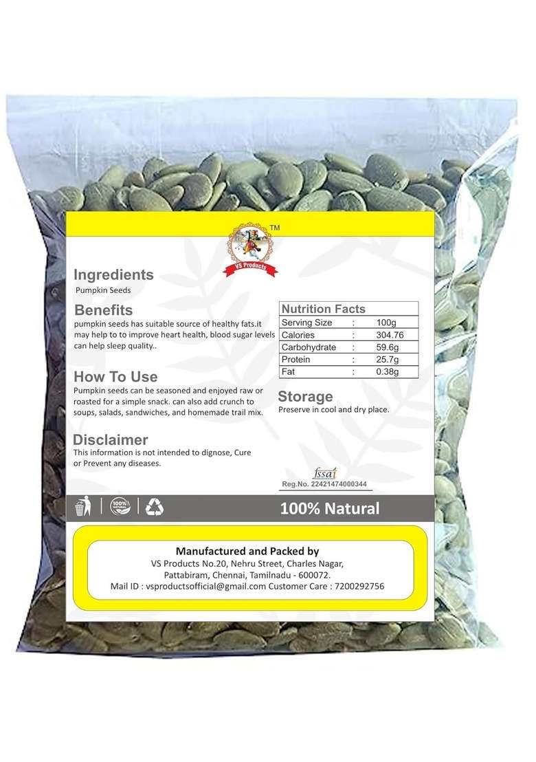 Vs Products Pumpkin Seeds 50G Pepita Raw With Shell Kaddu Ke Beej Poosani Vidhai Green For Eating Pack Of 1 X - Indya