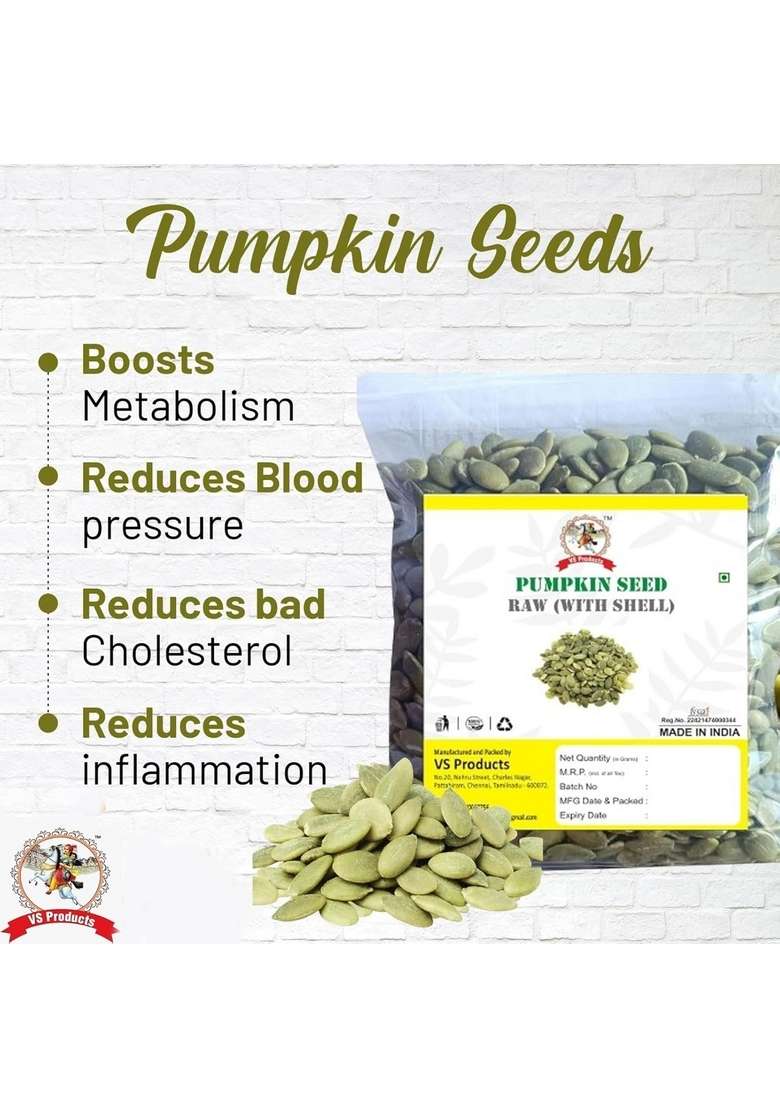 Vs Products Pumpkin Seeds 50G Pepita Raw With Shell Kaddu Ke Beej Poosani Vidhai Green For Eating Pack Of 1 X - Indya