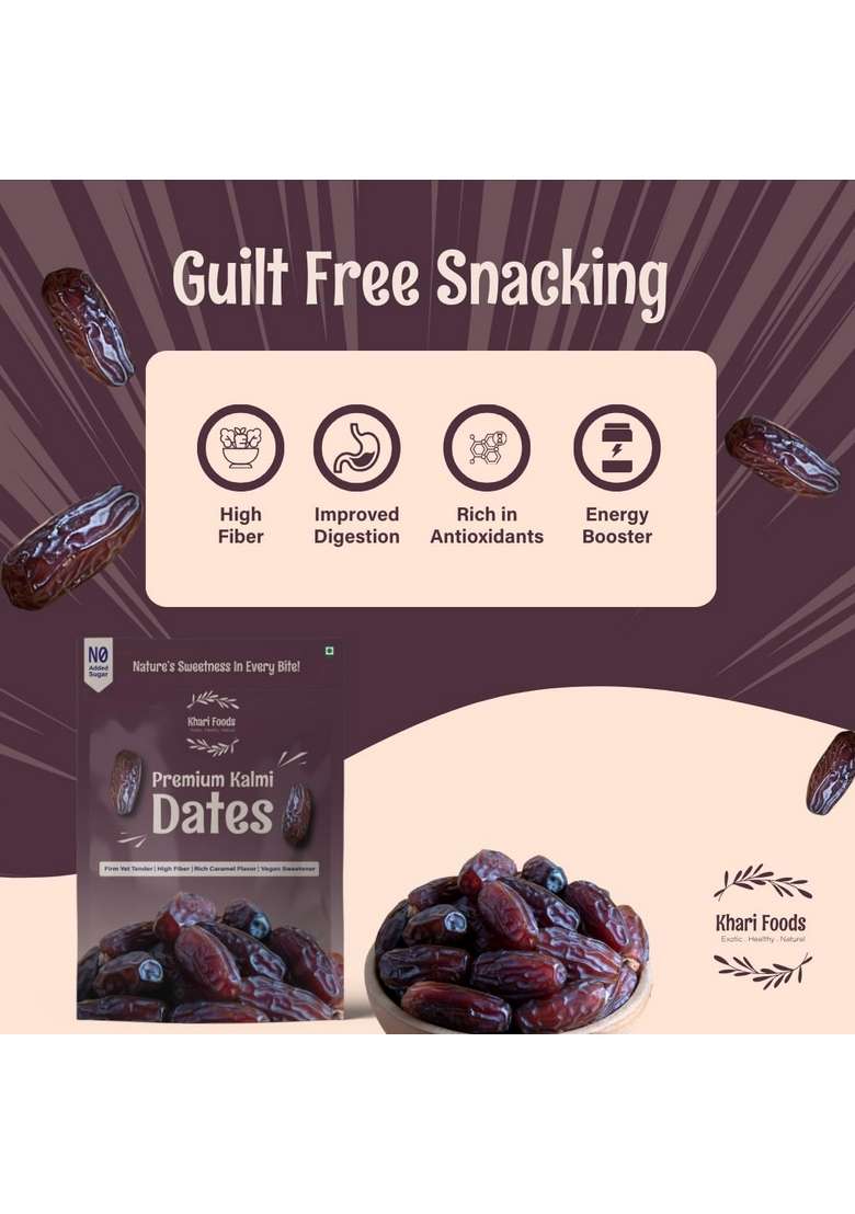 Khari Foods Premium Kalmi Dates High Fibre Soft Dry Fruit Khajur Khajoor Energy Health Snacks No Added Sugar - Indya