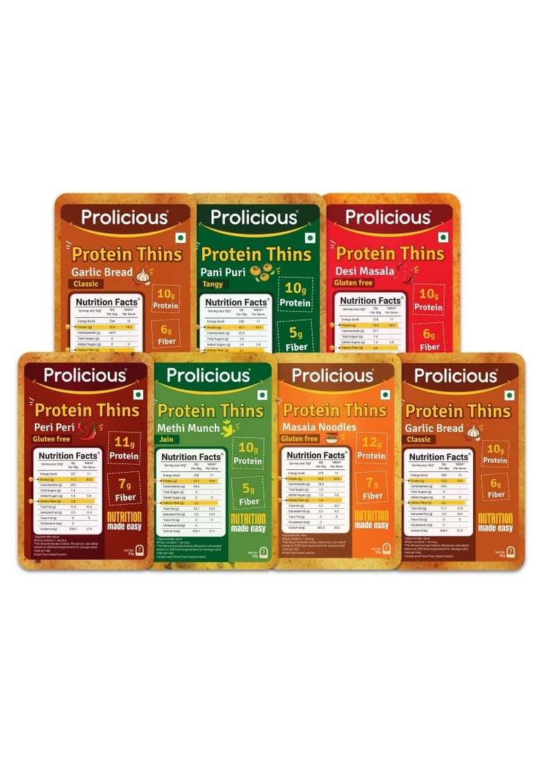 Prolicious High Protein Thins Combo | No Palm Oil Crispy Fiber Roasted Delicious Easy To Carry Plant Based 50G Each Pack Of 7 - Indya