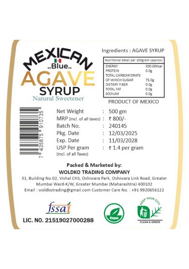 Woldko Mexican Blue Agave Syrup Natural Sweetener Net Weight 500Gm - Indya
