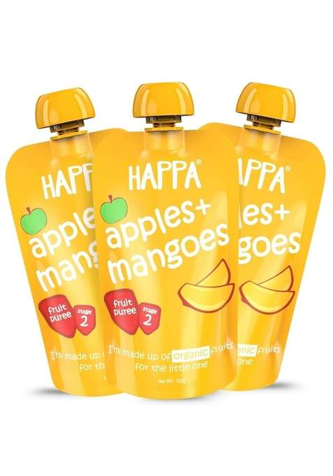 Happa Organic Baby Food Apple And Mango Puree | 100 Fruits No Added Sugar Milk Powder Preservatives Stage 2 6 Months Ready To Eat Free From Common Allergens Pack Of 3 100G Each