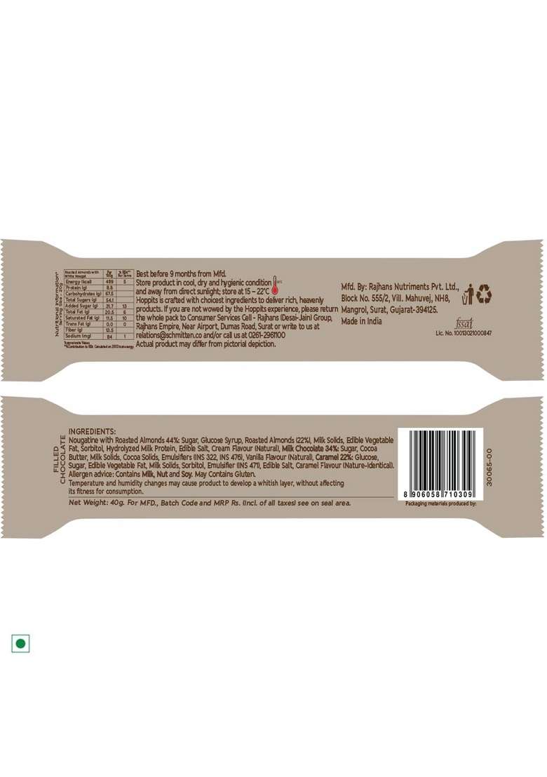 Hoppits Schmitten Roasted Almonds With White Nougat Filled Real Milk Chocolate Bar 40G Pack Of 4 - Indya