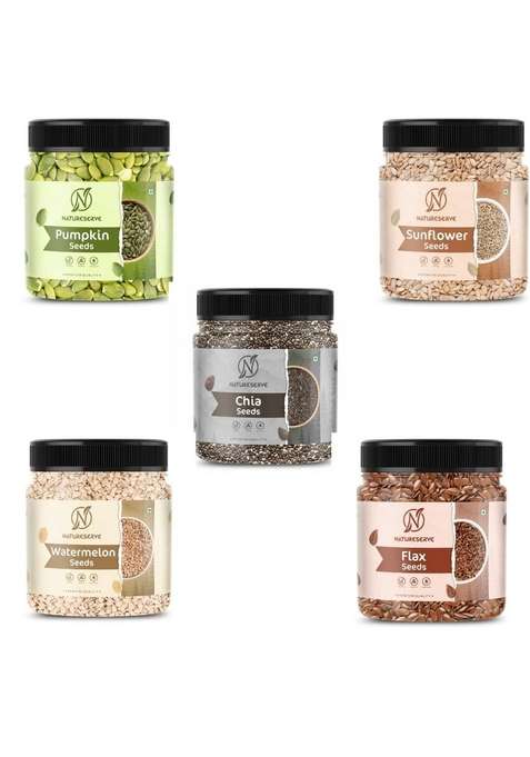 Natureserve Raw Seeds Combo For Eating | Pumpkin Sunflower Watermelon Chia Flex Immunity Weight Loss Pack Of 5 Each 100Gm 500Gm