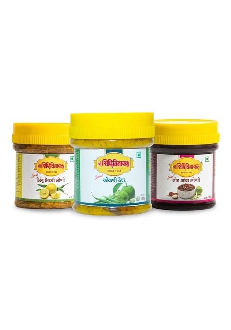 Shree Siddhivinayak Pickle Combo | Lemon Chilly Kokani Thecha God Kairi Sweet Raw Mango Organic Homemade Pack Of 3 100G Each