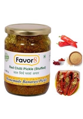Favor8 Spicy Red Chilli Pickle| Bharva Lal Mirch Ka Achar| Made By Pure Mustard Oil|Tangy And Salty Pickle In Glass Jar Homemade Banarasi Recipe Pack Of 1 X 500G