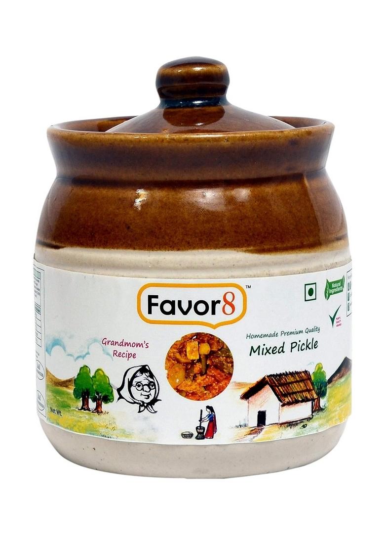 Favor8 Home Made Indian Traditional Spicy Mixed Pickle Mix Achar By Pure Mustard Oil Tangy And In Ceramic Jar 400Ml Pack Of 1 X 350G
