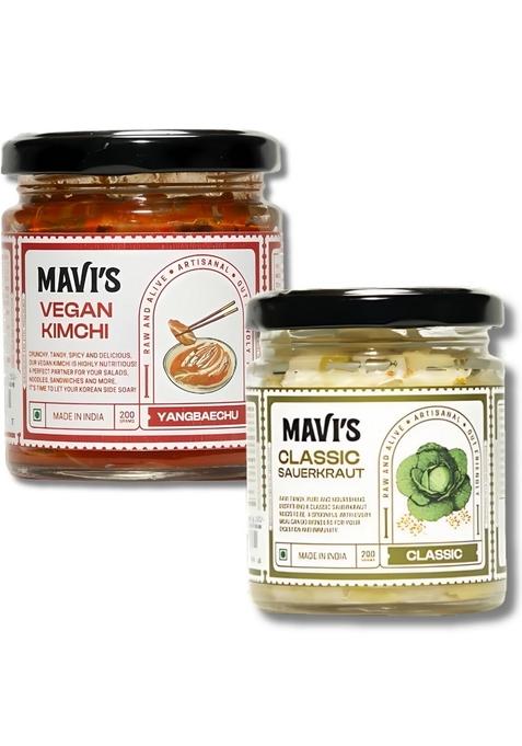 Mavi'S Vegan Kimchi And Classic Sauerkraut | Artisanal Probiotic Pickle 100 Natural Organic No Preservatives Artificial Flavour Or Colour Combo Pack Of 2 200G Each