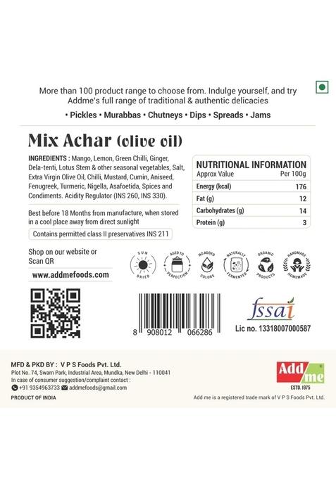 Add Me Homemade Mixed Pickle In Olive Oil 500Gm Mango Chilli Lemon Carrot Ker Ginger Karonda Lasoda Fruit Mix Achar Punjabi Style 500 Gm Glass Jar