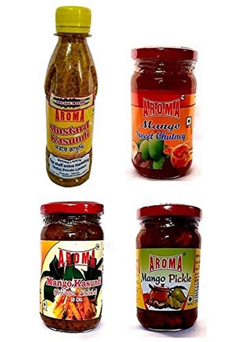 Monbangla Special Super Saver Combo │ Original Bengali Kasundi Mustard Sauce 300Gms Aam – 200Gms│ Aamer Misti Achar Sweet Mango Pickle Chutney 250 Gms Tel Aachar 200Gms Authentic Taste │Pack Of 4 Different And Flavors - Indya