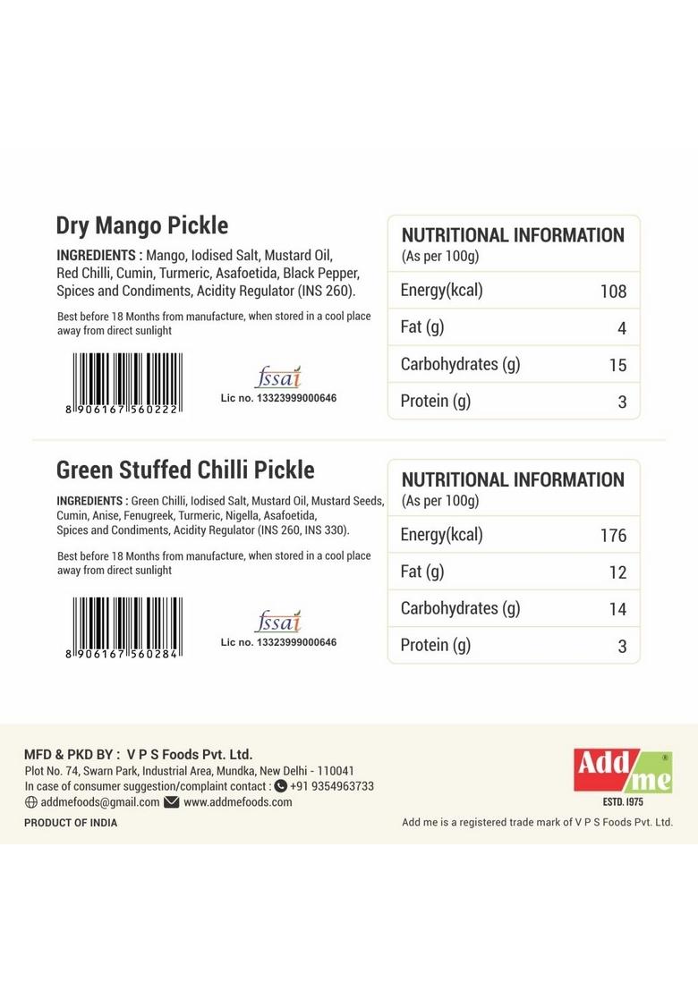 Add Me Combo Pickle Of | Dry Mango Aam Ka Achar And Green Stuffed Chilli Pickles Hari Mirch Bharua Achaar Home Made Indian 300 Gm Pack 2