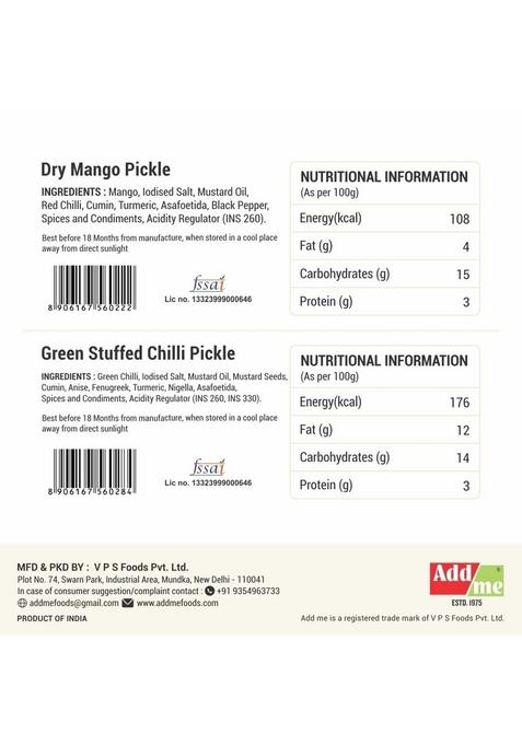 Add Me Combo Pickle Of | Dry Mango Aam Ka Achar And Green Stuffed Chilli Pickles Hari Mirch Bharua Achaar Home Made Indian 300 Gm Pack 2