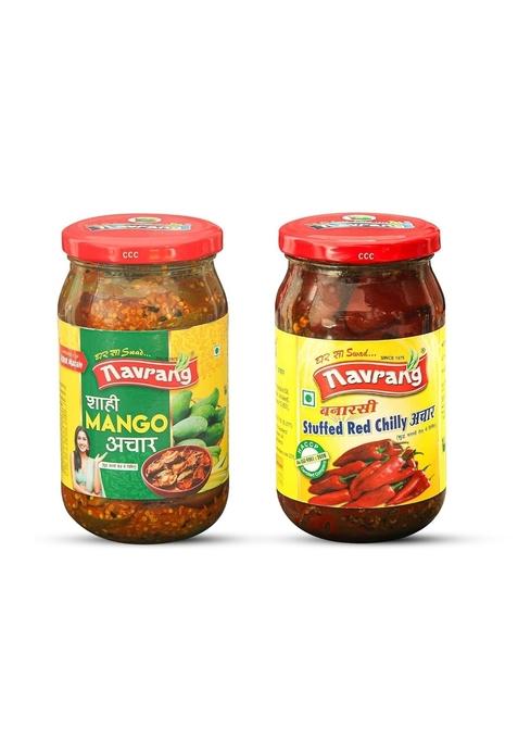 Navrang Homemade Combo Of Shahi Mango Pickle Aam Ka Achar And Banarsi Stuffed Red Chili Lal Mirch Mirchi Bharwa Indian Less Oil Ghar Sa Swad With Taste 400G Each