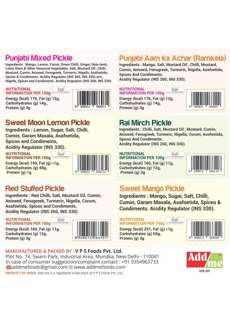 Add Me Combo 6 In 1 Mango Pickles 500 G Sweet Lime 600 Green Chilli 500G Punjabi Mixed Pickle 600Gm Red Stuffed Total 3 2Kg