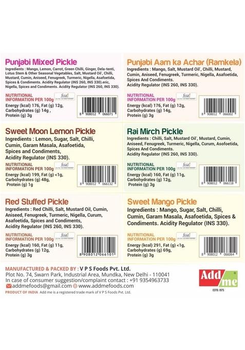 Add Me Combo 6 In 1 Mango Pickles 500 G Sweet Lime 600 Green Chilli 500G Punjabi Mixed Pickle 600Gm Red Stuffed Total 3 2Kg