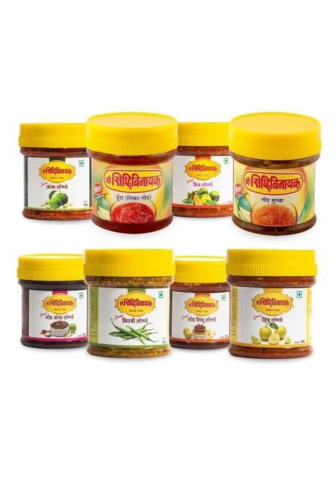 Shree Siddhivinayak Pickles Combo Of 8 Mango Mix Lemon Chilli Sweet Chunda Murabba 100G Each
