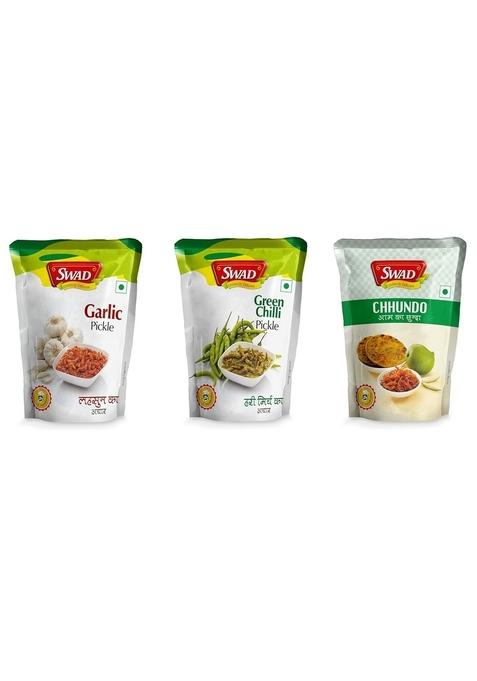 Swad Distinctly Different And Delicious Pack Of Garlic Pickle Lahsun Achar 200G| Green Chilli Hari Mirchi Mango Chhundo Aam Chhunda 200G 3