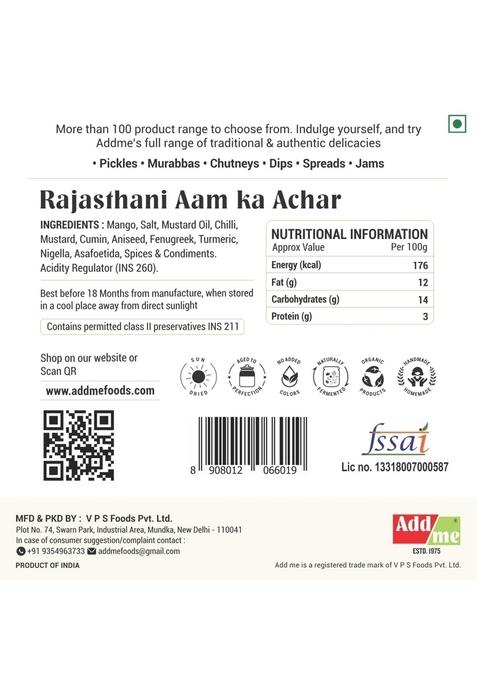 Add Me Rajasthani Masala Aam Ka Achar 500Gm Mango Pickle 500G Homemade Keri Pickles | Authentic Indian Flavor Tangy Spicy Perfect F Or Rice Roti