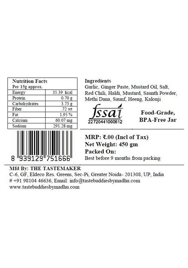 Tastebuddies By Madhu Madhu® Lehsun Pickle 450 Gm Handcrafted Homemade Gourmet Garlic Bold Savory Flavor In Wood Pressed Mustard Oil Authentic Taste Of India