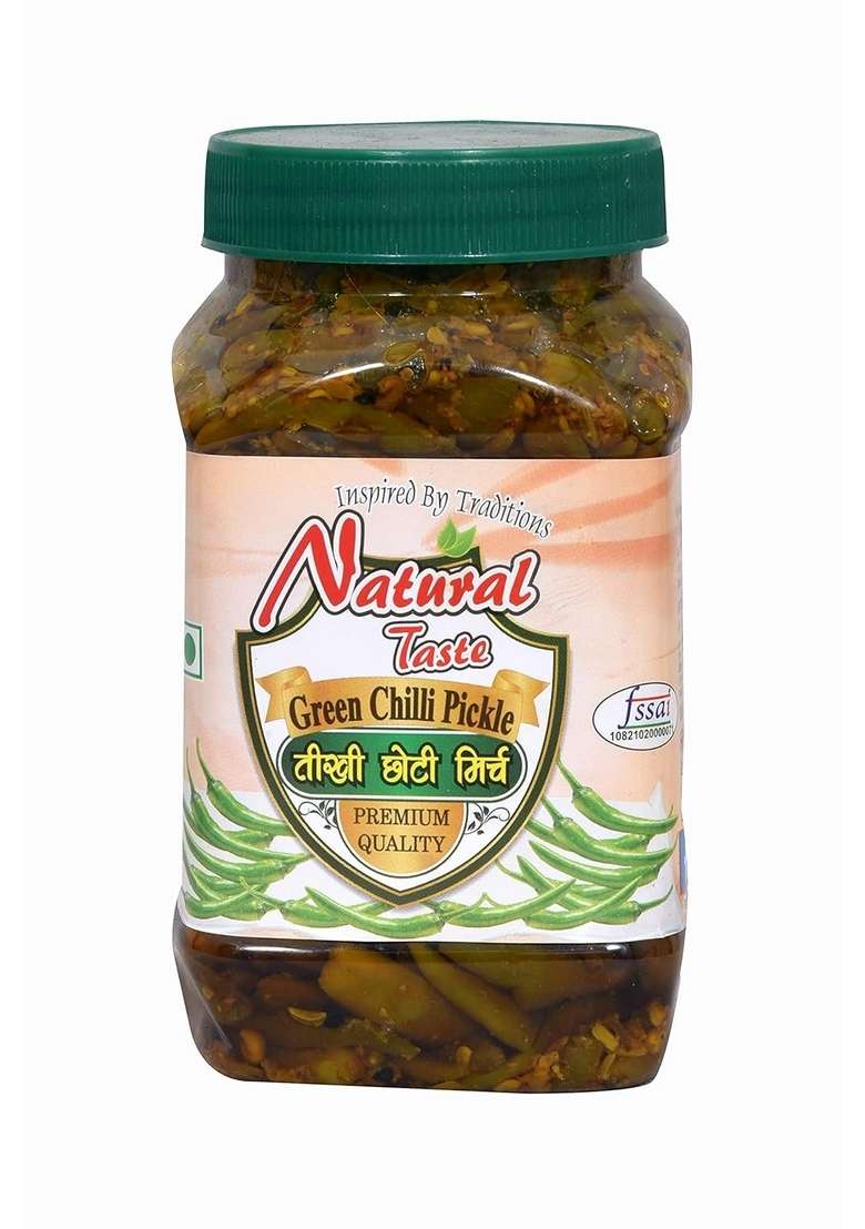 Natural Taste Homemade Organic Special Green Chilli Pickle Teekhi Choti Hari Mirch Ka Achar 400 Grams - Indya
