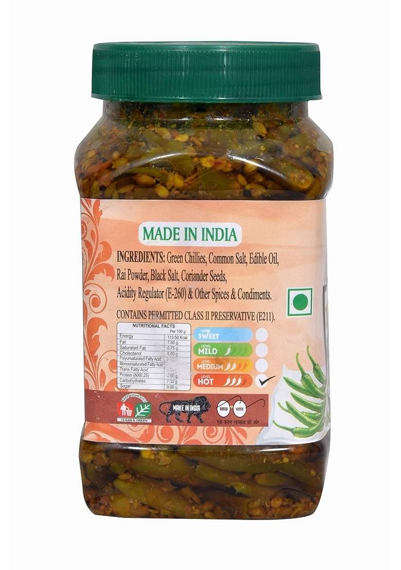 Natural Taste Homemade Organic Special Green Chilli Pickle Teekhi Choti Hari Mirch Ka Achar 400 Grams - Indya