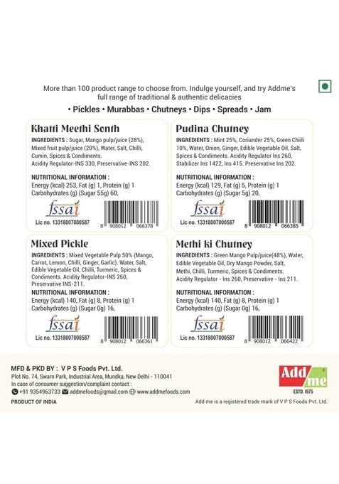 Add Me Addme Homemade Indian Chutney Sauce Combo Packs Sonth Chatni 450G Pudina Dip 390Gr Mango Methi Dana Pickle 390G Mixed Classic Sauces And Dips | Authentic Traditional Sweet Tangy Spicy Delicious Rich Flavor Perfect For Snacks