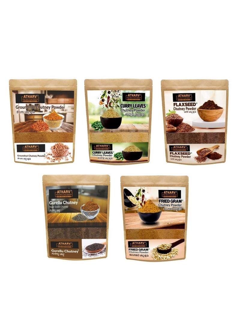 Atharv Home Made Products Combo Chutney Powder I Groundnut Gurellu Flax Seed Curry Leaves Fried Gram 100 Handmade Organic Authentic Taste Pack Of 5 1000