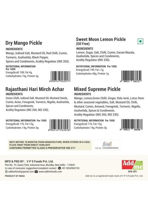 Add Me 4 In 1 Rajasthani Pickle Combo Dry Mango Pickles 500G Aam Ka Achar Mixed 500 G Mix Lemon Sweet And Sour 600 Green Chili Mirch 2 Kg