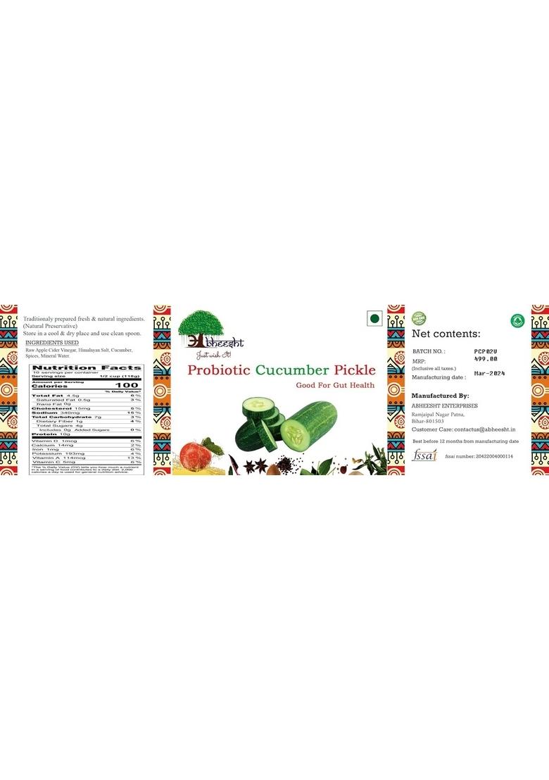 Abheesht Probiotic Cucumber Pickle 400G | Raw Organic Traditionally Naturally Fermented No Preservative| Healthy Gut Bacteria Low Fat Gmo 100 Vegan Khira Achar