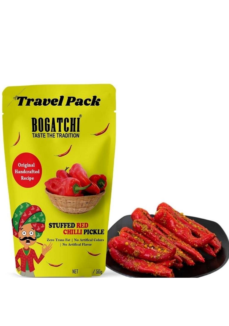 Bogatchi Red Chilli Pickle Stuffed | Real Taste Handcrafted Original Rajasthani Achaar No Preservatives Artificial Color Natural Ingredients Travel Pack 50G