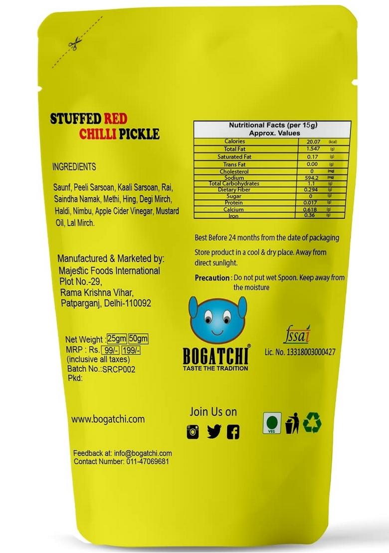 Bogatchi Red Chilli Pickle Stuffed | Real Taste Handcrafted Original Rajasthani Achaar No Preservatives Artificial Color Natural Ingredients Travel Pack 50G