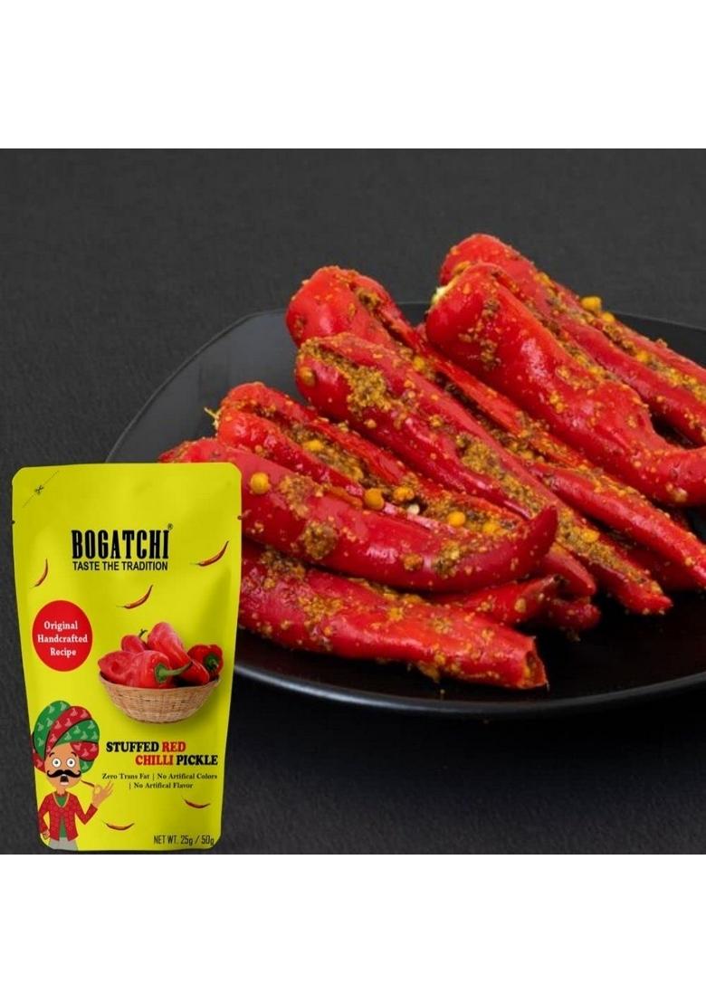 Bogatchi Red Chilli Pickle Stuffed | Real Taste Handcrafted Original Rajasthani Achaar No Preservatives Artificial Color Natural Ingredients Travel Pack 50G