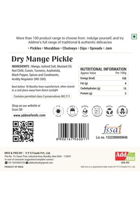 Add Me Dry Rajsathani Masala Aam Ka Achar Less Oil 500Gm Sukha Mango Pickle 500G Pickles Glass Jar | Tangy Spicy Indian Made With Natural Ingredients Preservative Free Perfect For Snacks Meals