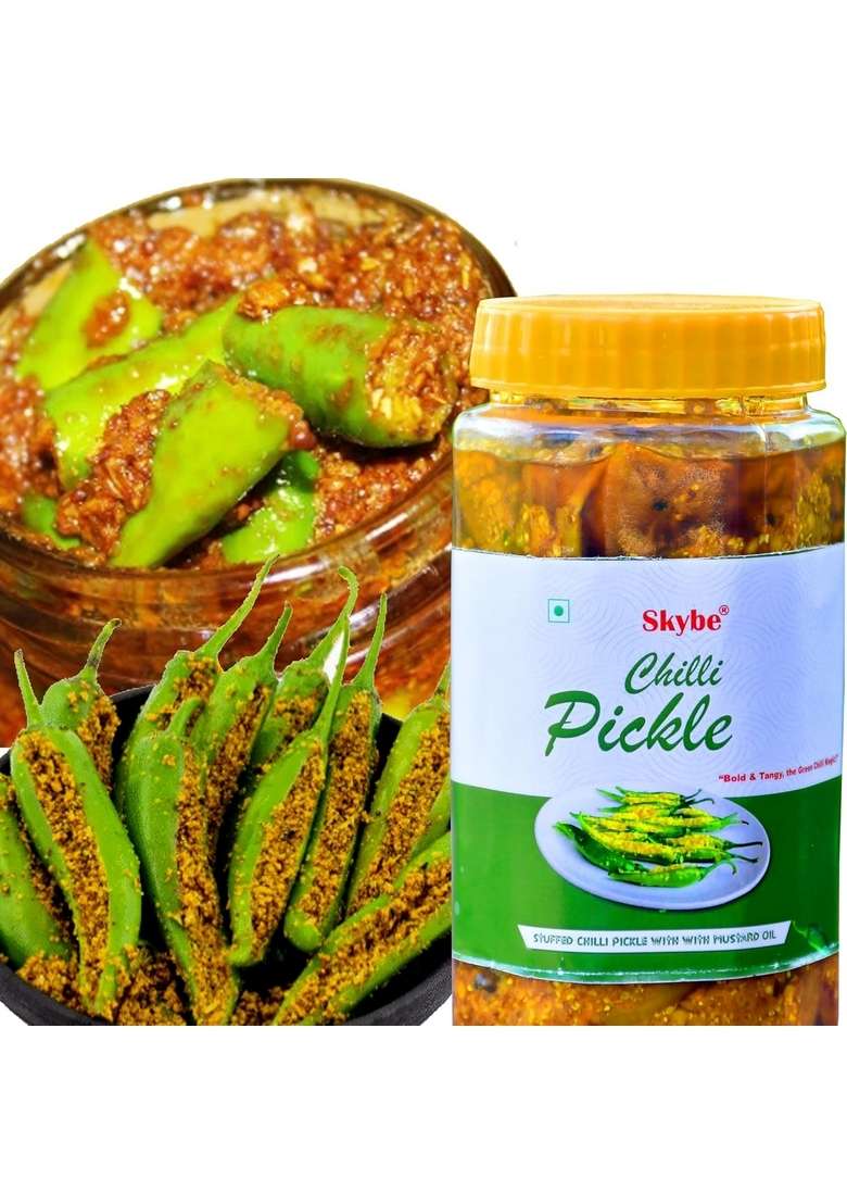Skybe Green Chilli Pickle 500G Pure Tangy Hot Flame Crafted With Fresh Natural Aromatic Spices And Rich Authentic Heat Blend - Indya