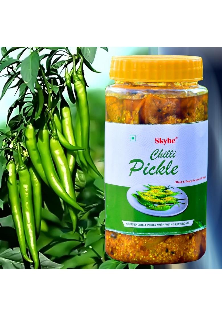 Skybe Green Chilli Pickle 500G Hot Flame With Pure Tangy Spicy Fresh Aroma Mix